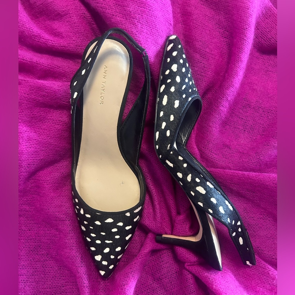 Ann Taylor Genuine Leather Black & White Slingback Kitten Heels